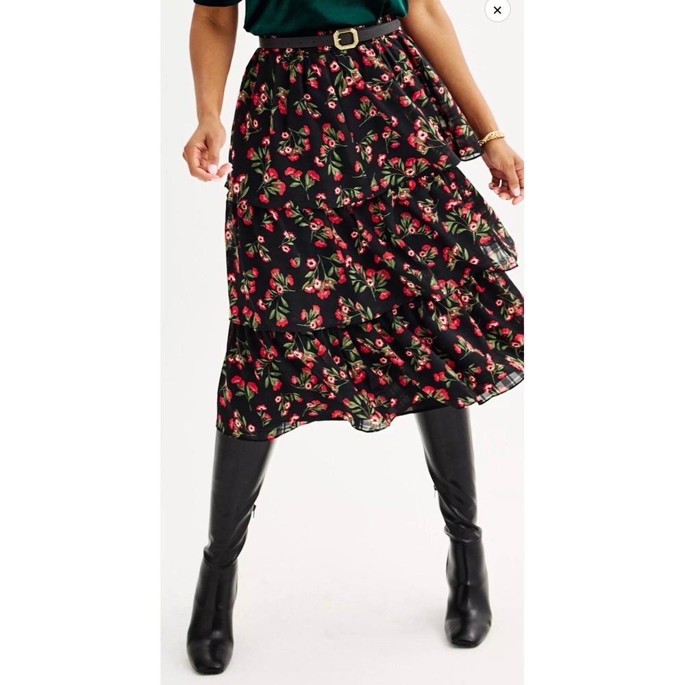 Draper James RSVP Black Red Floral Tiered Midi Skirt Elastic Waist Large L